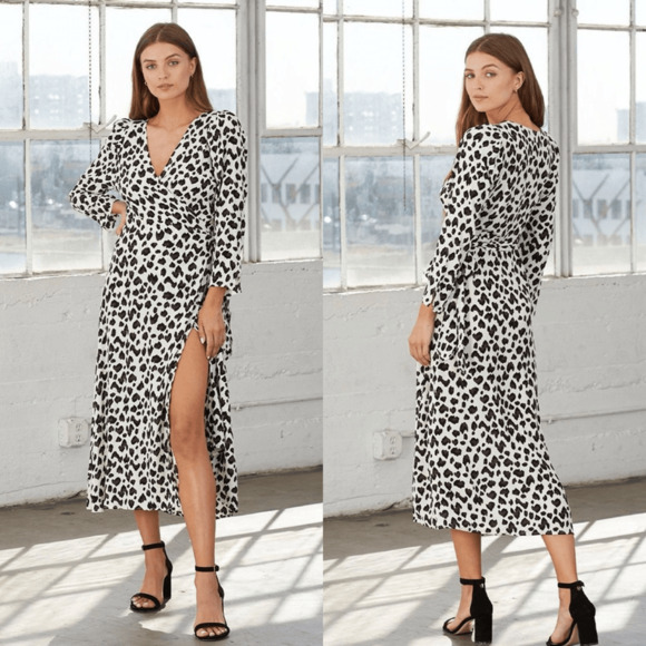 Cleobella Miles Midi Wrap Dress Size M Leopard Print White Black Long Sleeve - Picture 1 of 15
